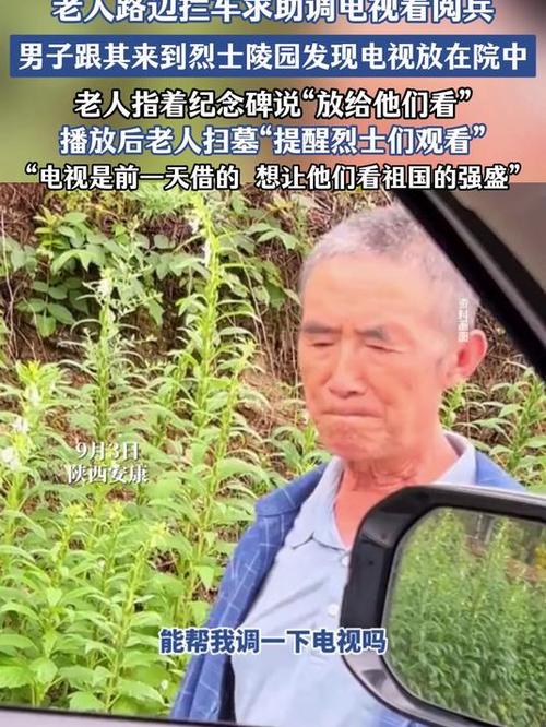 老人将电视正对烈士墓碑播阅兵